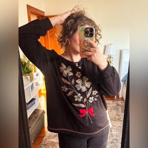 Alfred Dunner Black Sweatshirt with Floral Embroidery